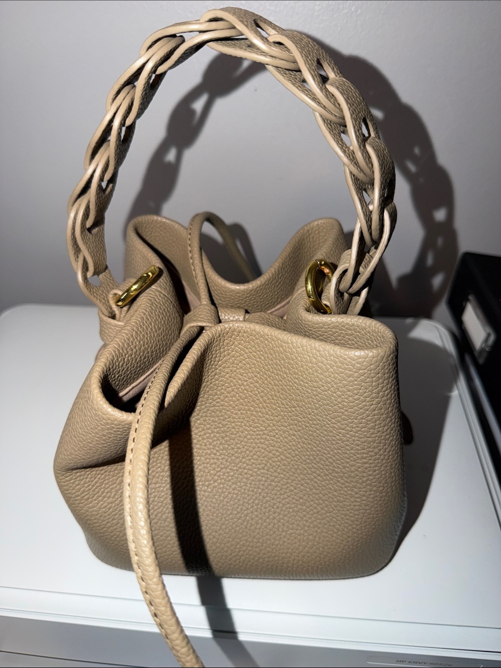 Taupe Braided-Handle Leather Crossbody Bag